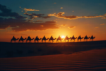 Canvas Print - Camel Caravan Silhouette at Sunset in the Desert.