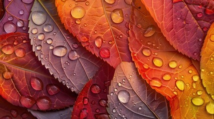 Sticker - A macro photograph of morning dew on a variety of autumn leaves, showcasing a spectrum of red, orange, and yellow hues, each leaf dotted with crystal-clear droplets.