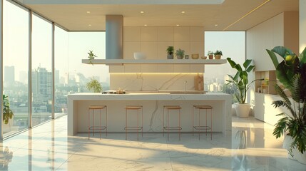 Wall Mural - Modern kitchen interior with a central island, stools, and large windows overlooking a cityscape