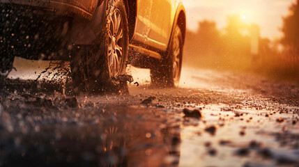 Wall Mural - Car Driving Through Mud with Sunset in Background.