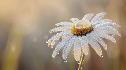 Wall Mural - A serene image of a single daisy covered in dewdrops, with each drop acting like a tiny magnifying glass amplifying the delicate petal textures. The background features a soft morning haze.