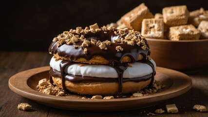 Wall Mural - smores donut a donut with chocolate icing marshmallow served aesthetically in a wooden plate and table