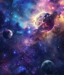 Wall Mural - Glowing planets and stars in deep space surrounded by a vibrant nebula.