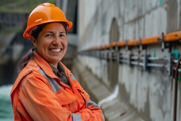 Wall Mural - Portrait of a middle aged smiling female engineer at Hydroelectric Dam