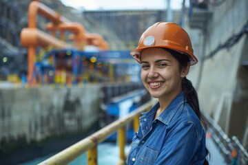 Poster - Portrait of a young smiling female engineer at Hydroelectric Dam