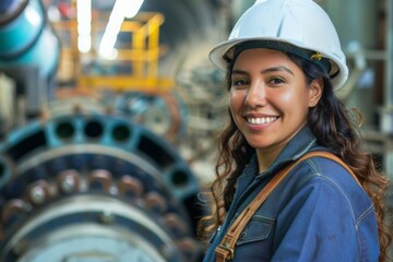 Wall Mural - Portrait of a young smiling female engineer at Hydroelectric Dam