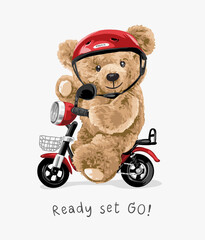ready set go slogan with cute bear doll riding red scooter hand drawn vector illustration