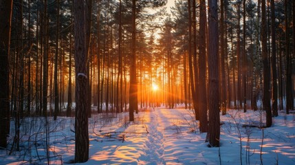 Sticker - Beautiful view a forest with snow and a sun shining through the trees