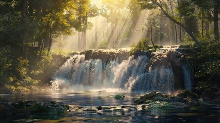 Sticker - Beautiful waterfall surrounded by trees and rocks landscape