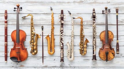 A row of musical instruments including a violin, cello and saxophone, on a white painted wooden board.