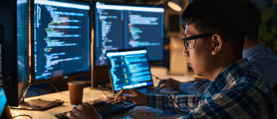 Wall Mural - a dedicated programmer focuses intently on multiple monitors and a laptop, immersed in coding, late 