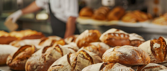 An array of freshly baked loaves of bread on display in a bakery, showcasing their rustic textures and golden crusts.