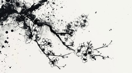 Elegant black and white ink painting of cherry blossom branches, showcasing traditional Japanese sumi-e art style.