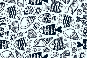 Wall Mural - Underwater life, swimming fishes in a ocean with seashells and snails, seamless marine pattern