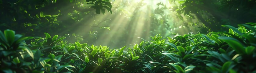 A dense green forest with sunlight filtering through the leaves, isolated on a white background