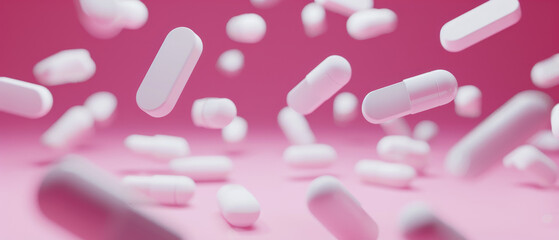 floating white capsules against a pink background, suggesting modern healthcare innovations and phar