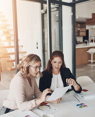 Fototapete - Women, paperwork and creative or office discussion, statistics agency and professional with productivity report. Business, teamwork and people or finance planning in meeting, career and collaboration