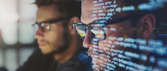 Wall Mural - two programmers wearing glasses focus intently on lines of code displayed on a computer screen in a 
