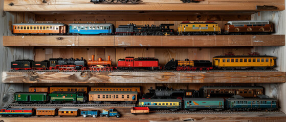 Neatly arranged model trains in various styles and colors are displayed on wooden shelves, showcasing a collection that celebrates the history of locomotives.