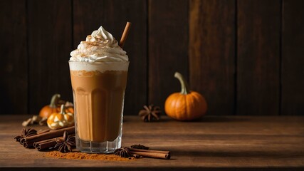 Wall Mural - pumpkin spice frapp a seasonal favorite made with pum served aesthetically in a tall glass and wooden table