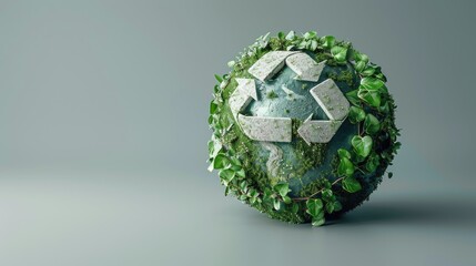 Small earth covered with green foliage and a prominent recycling symbol, representing sustainability and the importance of recycling for environmental conservation.