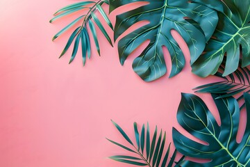 Wall Mural - Tropical Green Leaves on Pink Background. Generative AI