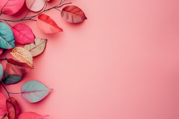 Wall Mural - Colorful Autumn Leaves on Pink Background. Generative AI