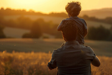 Wall Mural - A man is holding a child on his shoulders in a field