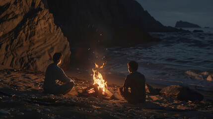 Wall Mural - Two people sitting by a fire on a beach at night