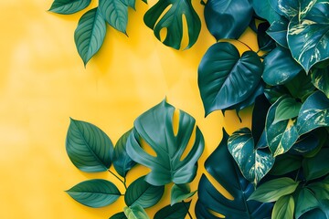 Wall Mural - Green Tropical Leaves on a Yellow Background. Generative AI