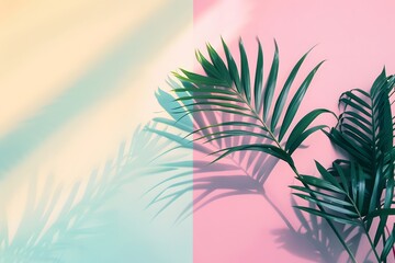 Wall Mural - Palm Leaf Shadows on Pastel Pink and Blue Background. Generative AI