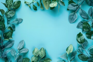 Wall Mural - Green Leaves Framing a Blue Background. Generative AI