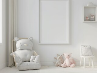 Sticker - blank white picture frame mockup in a bright simple childrens room