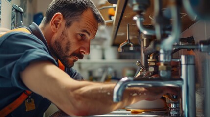 Wall Mural - Man repairs faucet