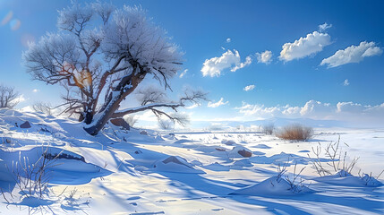 Wall Mural - Cold winter scene with snowy landscape and clear blue sky