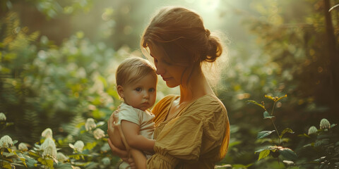 Wall Mural - An old vintage analog photo of a mother holding her 6 months daughter in a beautiful safe forest,generative ai