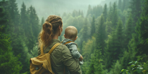 Poster - An old vintage analog photo of a mother holding her 6 months daughter in a beautiful safe forest,generative ai