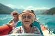 © ChaoticMind - The image depicts a joyful senior woman in a hat and sunglasses, steering a boat with friends, enjoying a sunny day on the lake, surrounded by beautiful natural scenery.