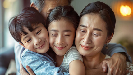 Canvas Print - an asian family, father hugging mother and son, happy, simple background.generative ai