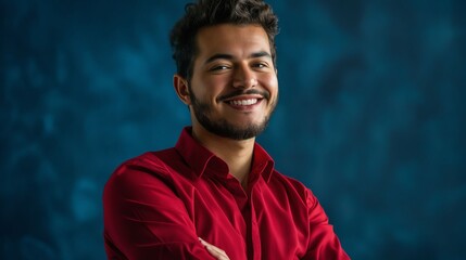 Canvas Print - A man in red shirt with his arms crossed.