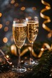 © dekreatif - Two glasses of champagne with golden bokeh and greenery.