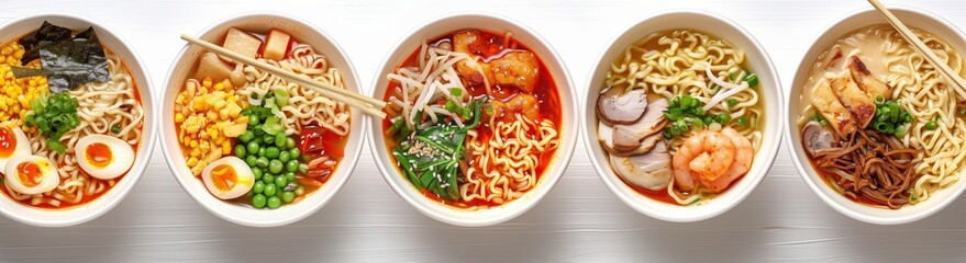 Wall Mural - various ramen dishes in round bowls, isolated on white background