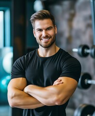 Canvas Print - Young man in black shirt standing in gym with arms crossed.