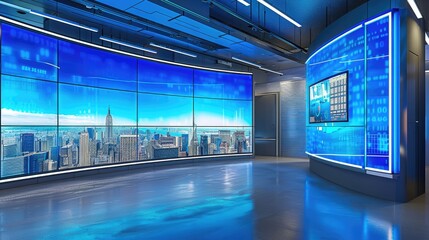 modern news studio with large led screens, cityscape backdrop, blue lighting, and high-tech design f