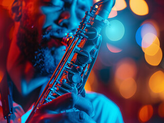 Close-up of man playing saxophone, jazz melodies against gradient pink-blue background vibrant lighting. Concept of blues, classy instrumental music, festivals and concerts. 