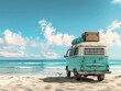 © Johannes - Vintage camper van with luggage box on top at sea beach in summer vacation