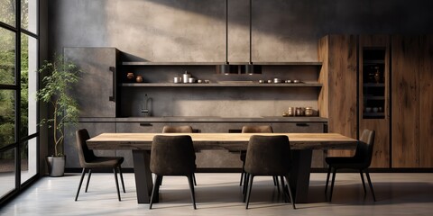 Wabi sabi wooden kitchen room with table and chairs. Ligh indoor decor design scene