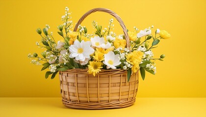 Wall Mural - daffodils in a basket, wallpaper yellow daffodils in a basket, bouquet of flowers in basket, flowers in a basket, bouquet of snowdrops in a basket, White flowers in wooden basket on yellow spring back