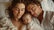 © Suralai - young family, mom dad and baby with 1 year old, sleeping in super confortable bed,generative ai