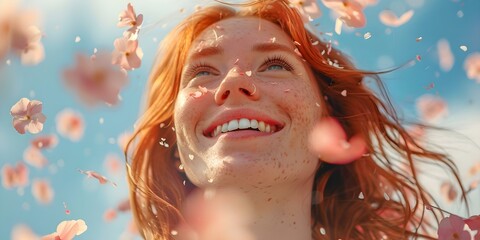 Wall Mural - A happy woman with red hair smiles under pink petals in sky. Concept Outdoor Photoshoot, Colorful Props, Joyful Portraits, Playful Poses